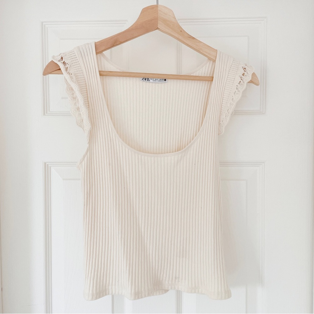Zara ribbed knit pointelle details sleeves tshirt